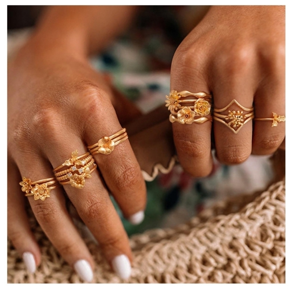 Birth Flower 14K Gold Plated Ring Zodiac Astrology Birthday Stacker Dainty NEW 7 - Picture 16 of 16